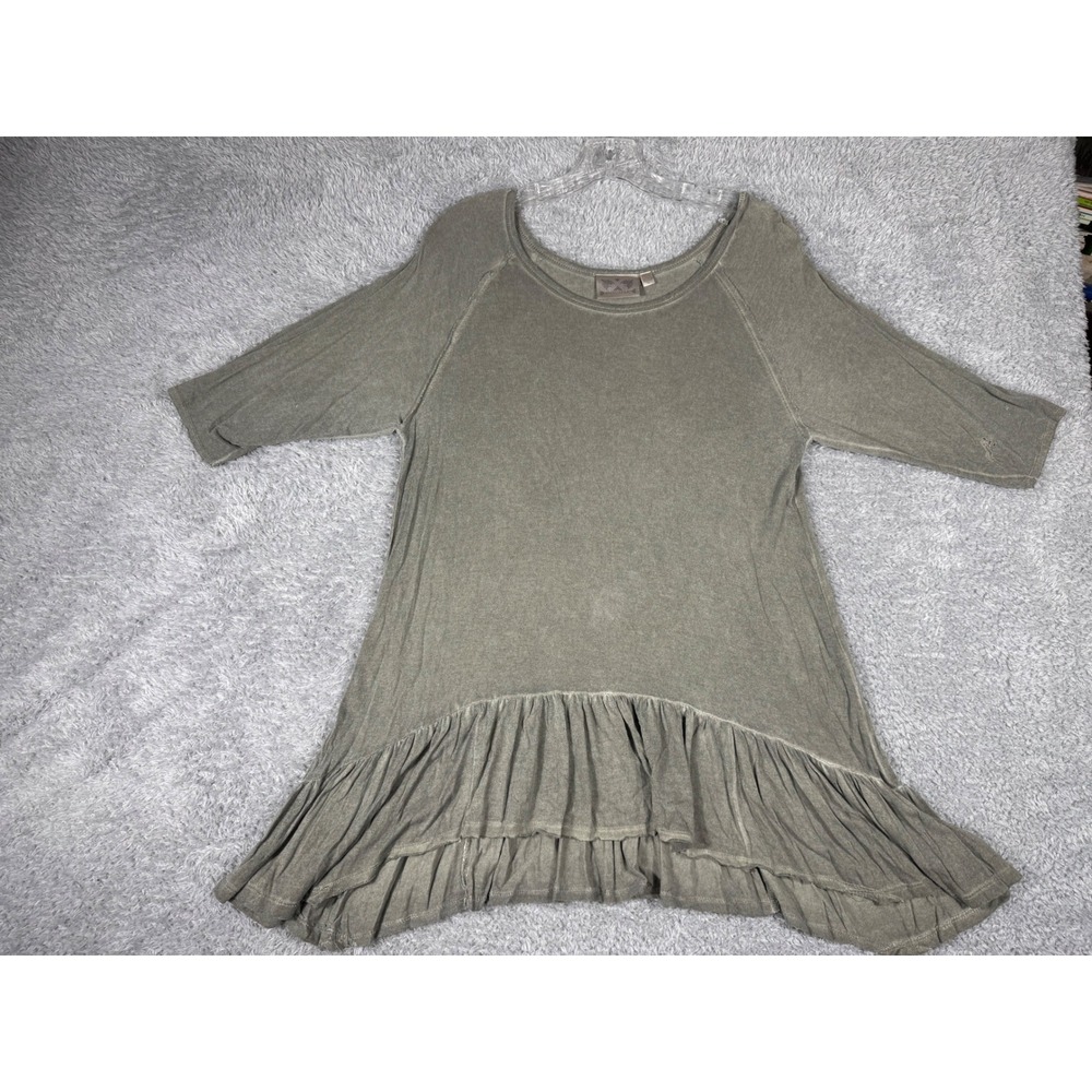 Dantelle Tunic Top Womens L Olive Green Fair Ruffle Hem Boho Mineral Wash D925